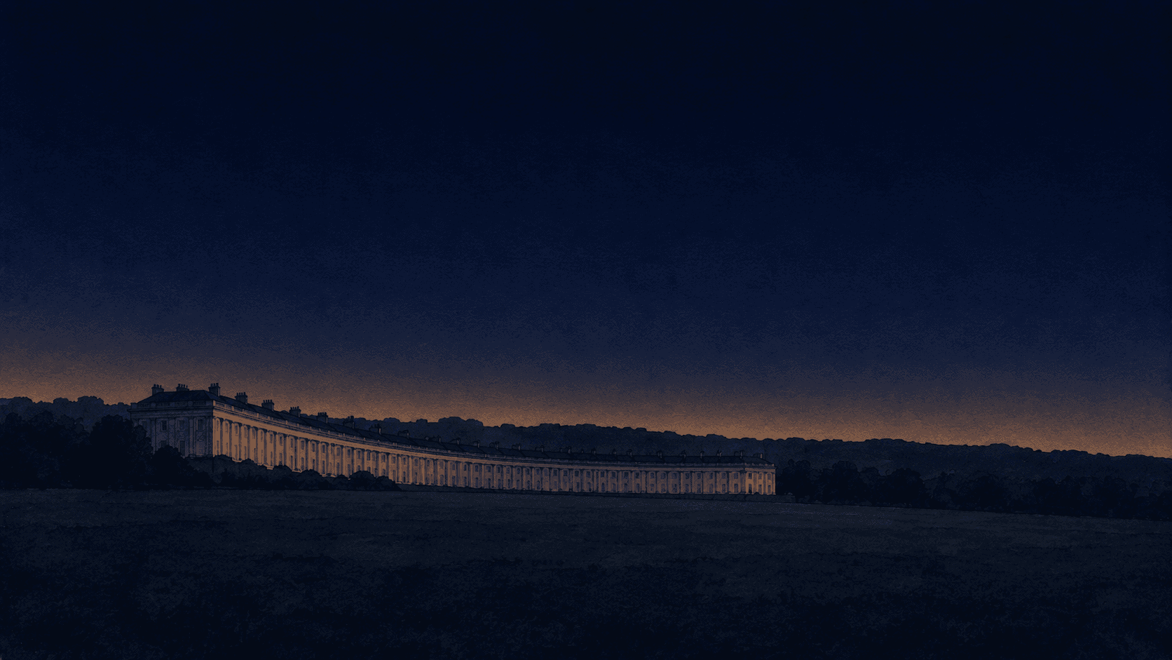 A painting of Bath at dusk
